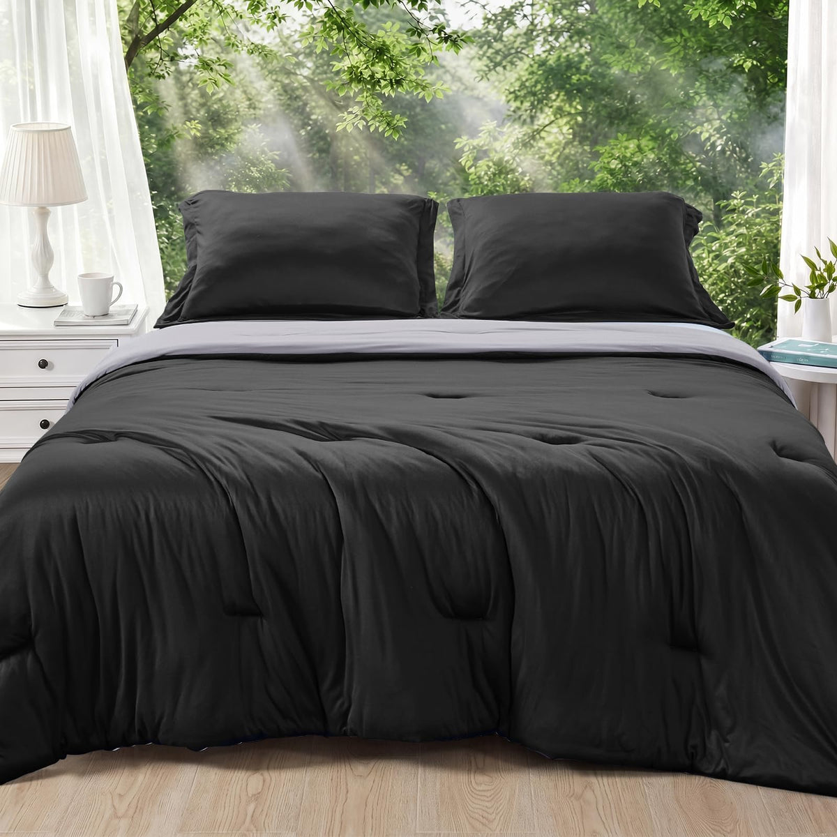 MUXHOMO Queen Size Comforter Set Beige, 3 Piece Solid Bedding for All Seasons, Warm Down Alternative Bed Set Includes 1 Lightweight Comforter (90"x90") and 2 Pillowshams (20"x26")