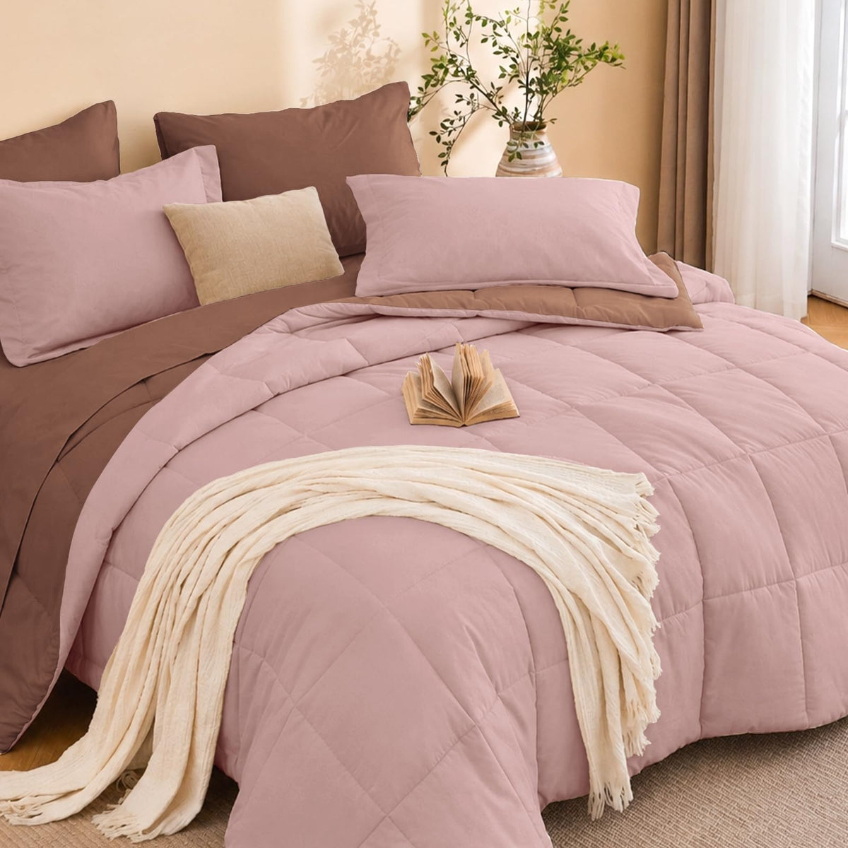 MUXHOMO Queen Comforter Set with Sheets Brown - 7 Pieces Bed in a Bag