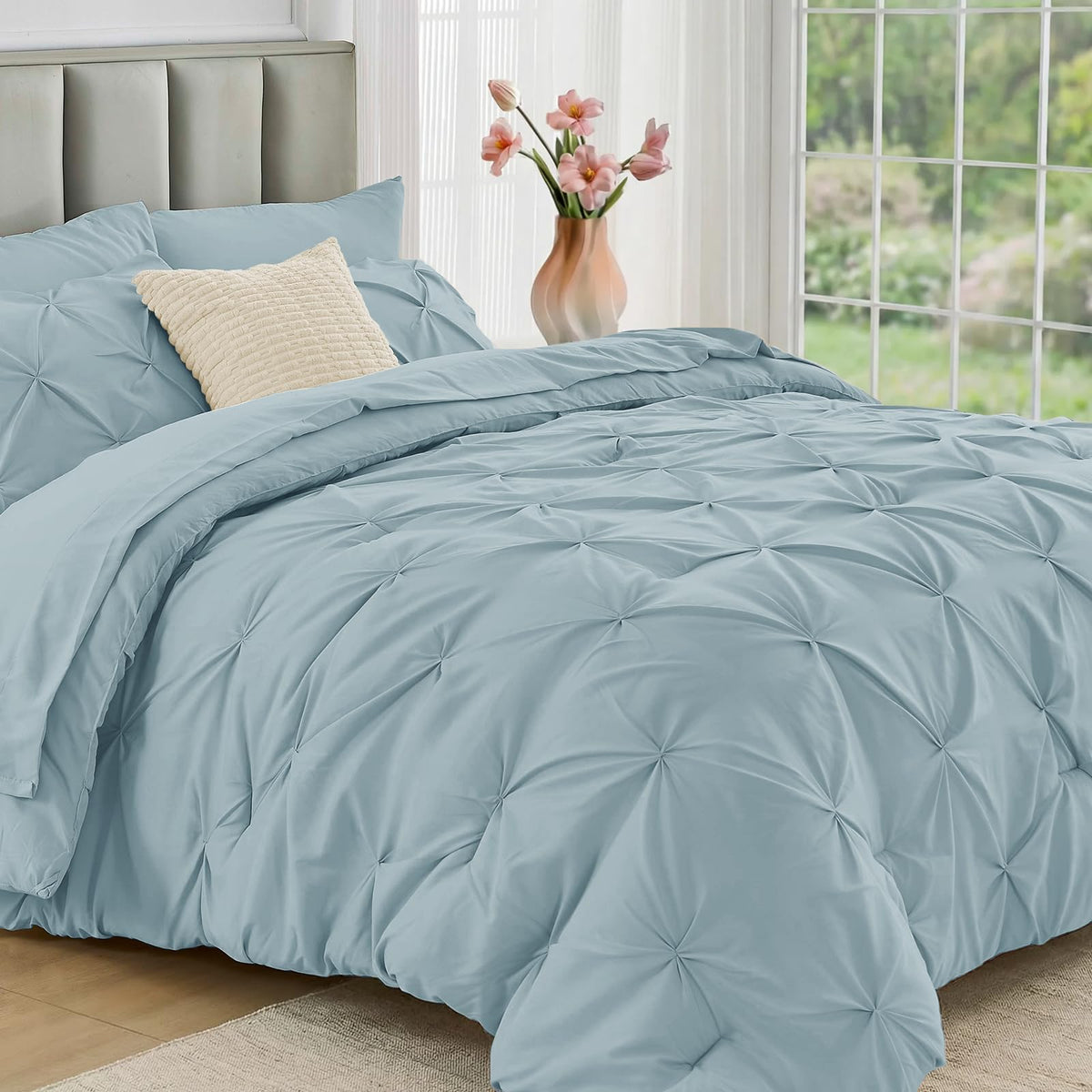 JOLLYVOGUE Queen Comforter Set 7 Pieces - Bed in a Bag Queen for All Season, Pintuck Bedding Comforter Sets with Comforter, Flat Sheet, Fitted Sheet and Pillowcases & Shams, Pink