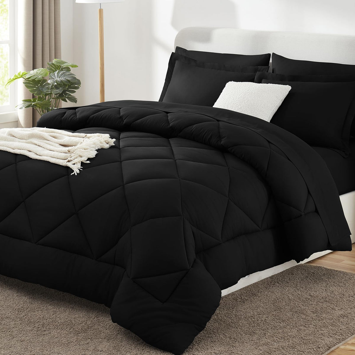 CozyLux Queen Comforter Set 88"x88" Dark Grey - 7 Piece Bed in a Bag