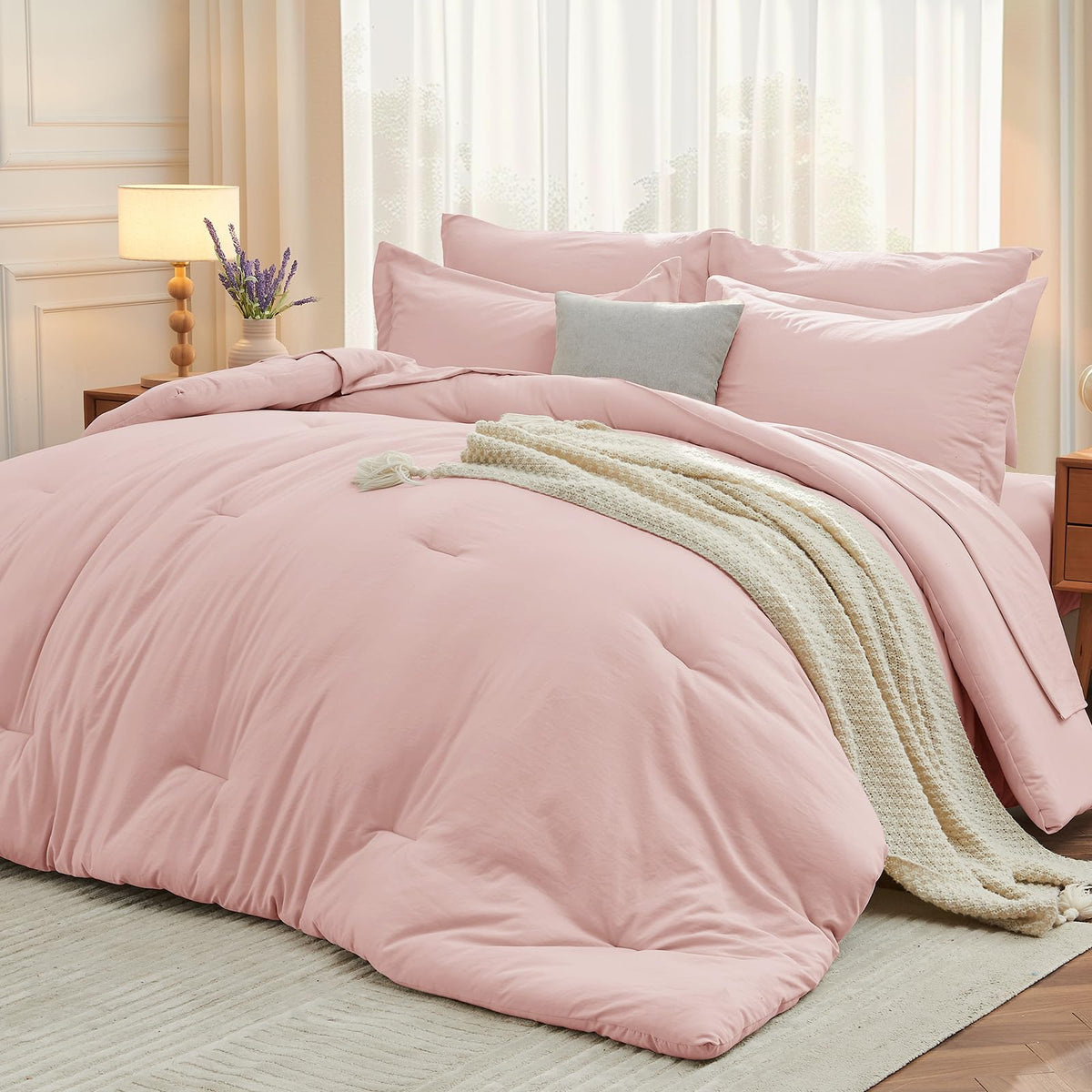 MUXHOMO 7 Pieces California King Comforter Set, Soft Bed in a Bag Cal King Size, All Season Bedding Set with Comforter, Flat Sheet, Fitted Sheet, Pillowcases & Shams, Beige
