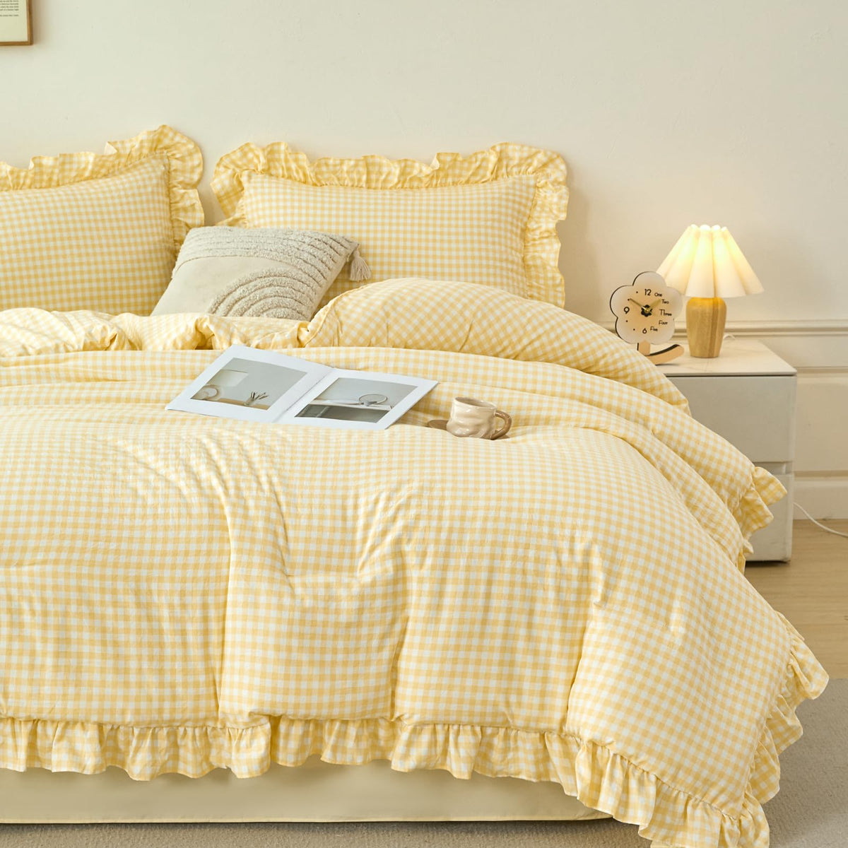 RYNGHIPY Yellow Gingham Comforter Set 5 Pcs Plaid Ruffle Full Bed in a Bag