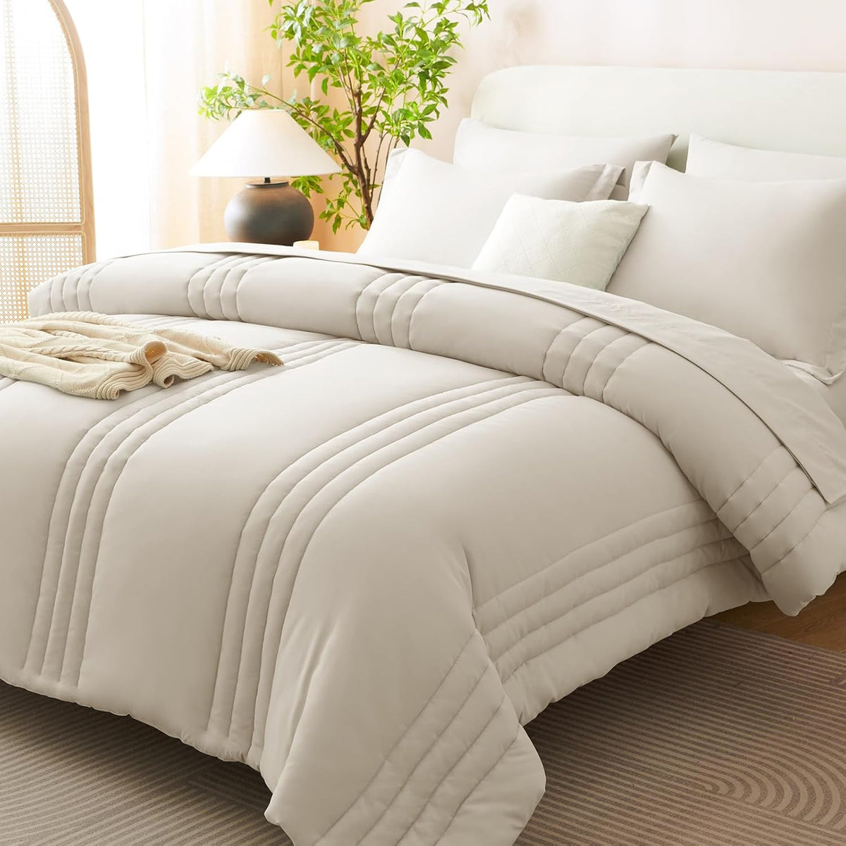 CozyLux Queen Comforter Set Beige - 7 Pieces Vertical Quilted Bed in a Bag