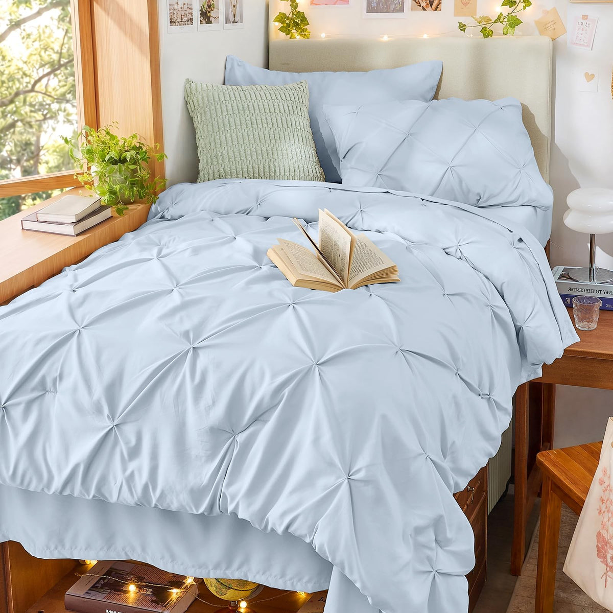 Sasttie Queen Comforter Set, 7-Piece Bed in a Bag, Pintuck Bedding Sets for All Season, Includes Comforter, Flat Sheet, Fitted Sheet, Pillowcases and Pillowshams, Beige