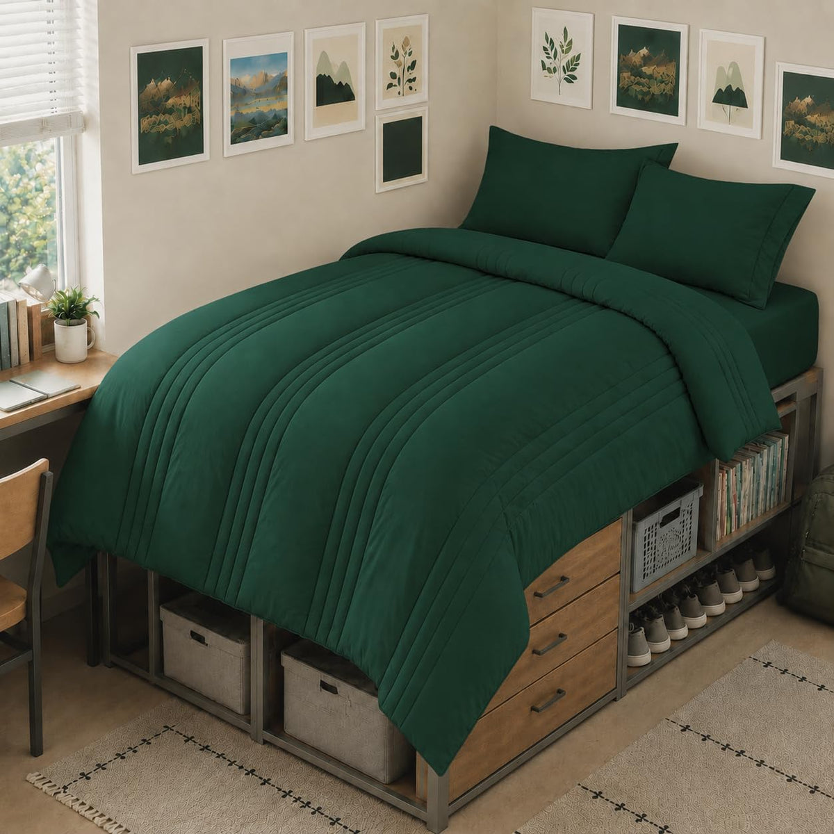 CozyLux Queen Comforter Set Beige - 7 Pieces Vertical Quilted Bed in a Bag