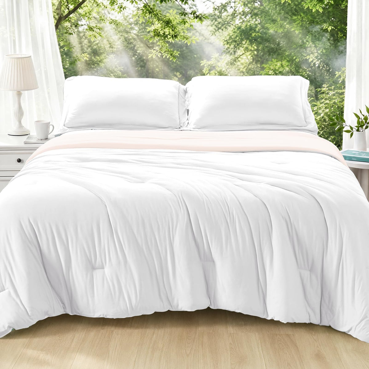 MUXHOMO Queen Size Comforter Set Beige, 3 Piece Solid Bedding for All Seasons, Warm Down Alternative Bed Set Includes 1 Lightweight Comforter (90"x90") and 2 Pillowshams (20"x26")