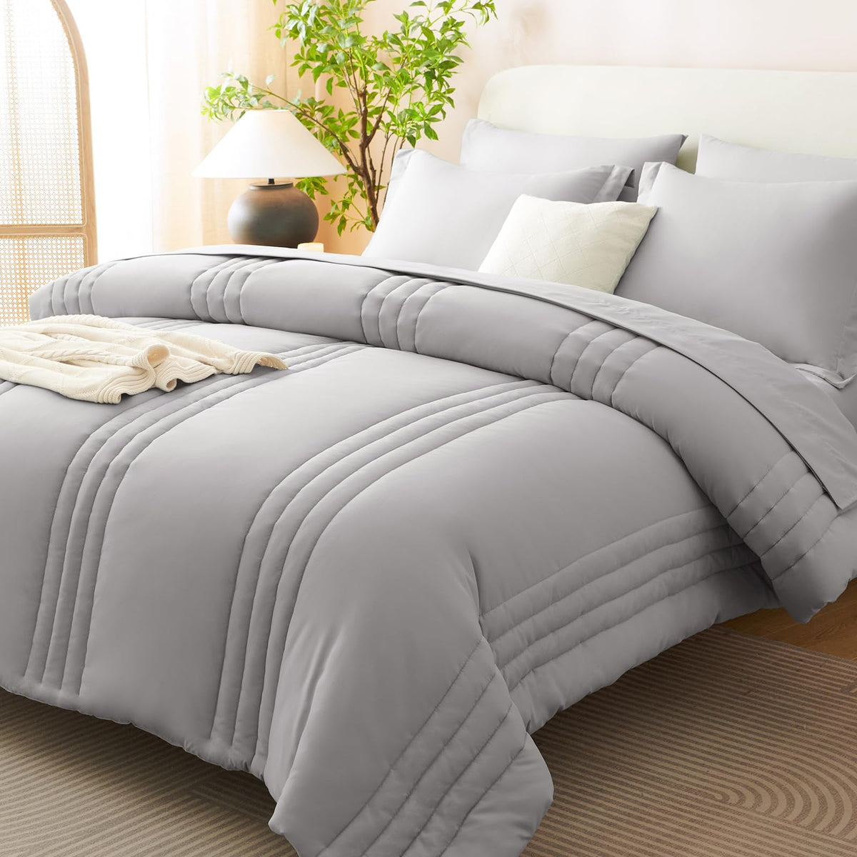 CozyLux Queen Comforter Set Beige - 7 Pieces Vertical Quilted Bed in a Bag