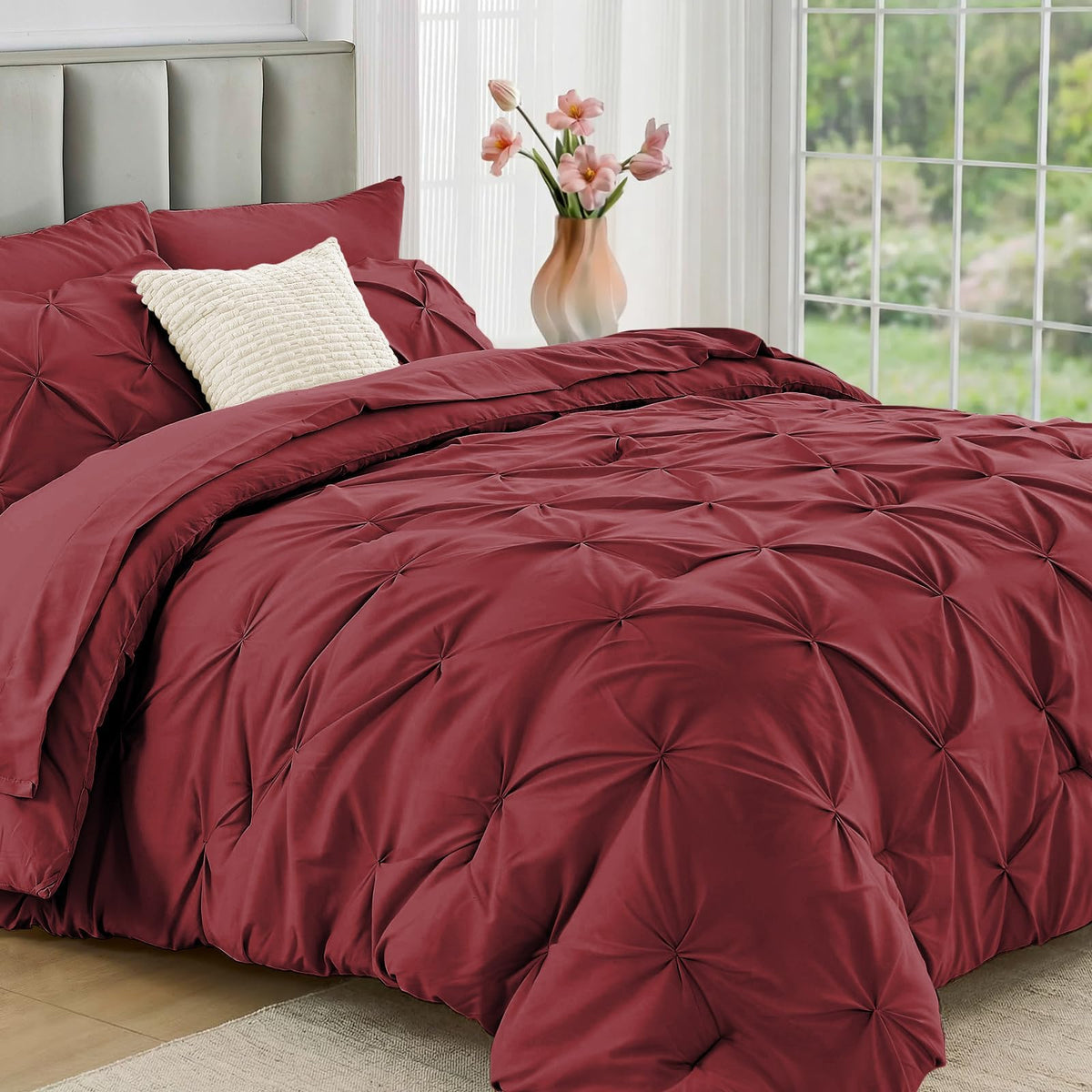 JOLLYVOGUE Queen Comforter Set 7 Pieces - Bed in a Bag Queen for All Season, Pintuck Bedding Comforter Sets with Comforter, Flat Sheet, Fitted Sheet and Pillowcases & Shams, Pink