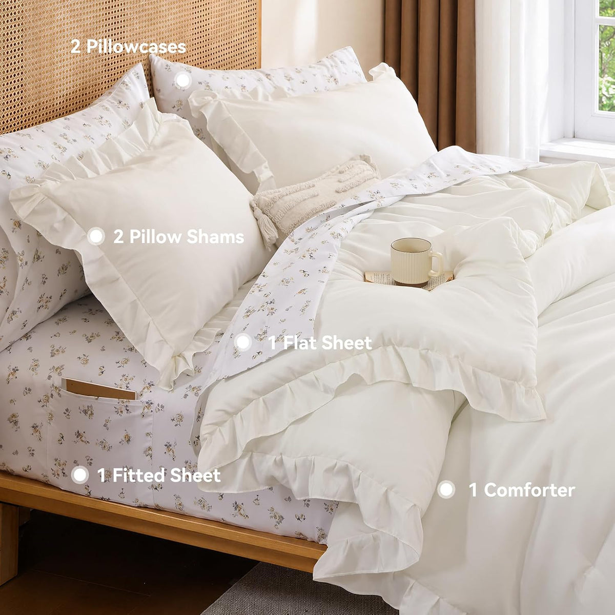JANZAA Ruffle Queen Comforter Set with Floral Sheets 7 Pieces Cream White