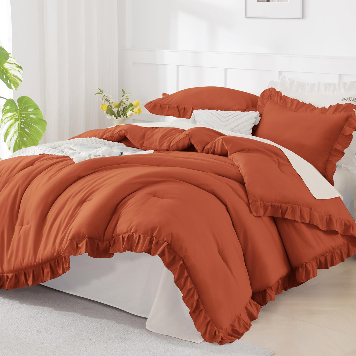 Andency White Comforter Set Queen Size, 3 Pieces Ruffle Farmhouse Bed Set