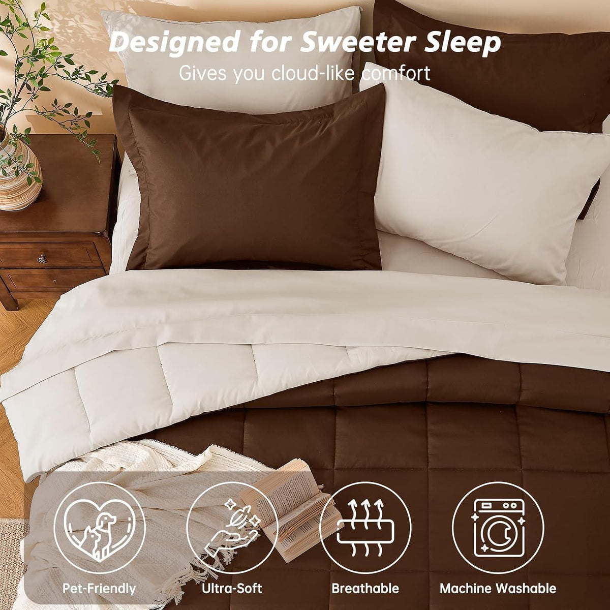 MUXHOMO Queen Comforter Set with Sheets Brown - 7 Pieces Bed in a Bag
