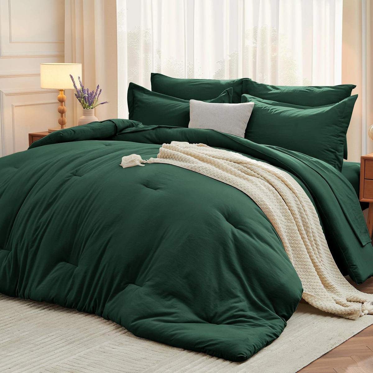 MUXHOMO 7 Pieces California King Comforter Set, Soft Bed in a Bag Cal King Size, All Season Bedding Set with Comforter, Flat Sheet, Fitted Sheet, Pillowcases & Shams, Beige