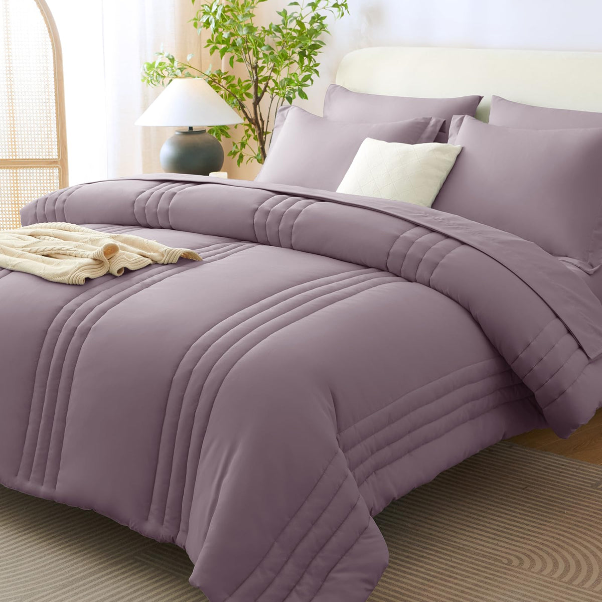 CozyLux Queen Comforter Set Beige - 7 Pieces Vertical Quilted Bed in a Bag