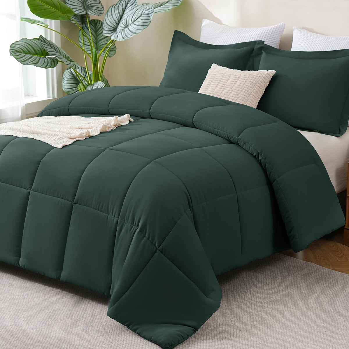 CozyLux Queen Comforter Set, 3-Piece Box-Stitched, Black