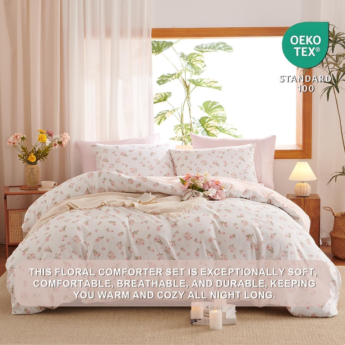 Floral Comforter Set Full Size Pink Bedding Sets for All Season