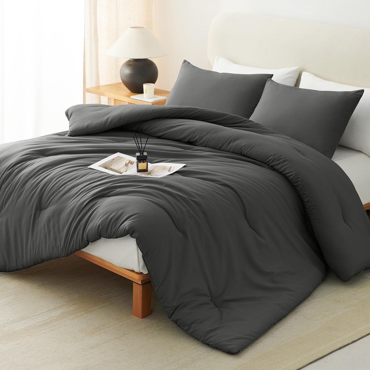 CozyLux Queen Comforter Set, 3 Pieces Down Alternative Bedding, Black