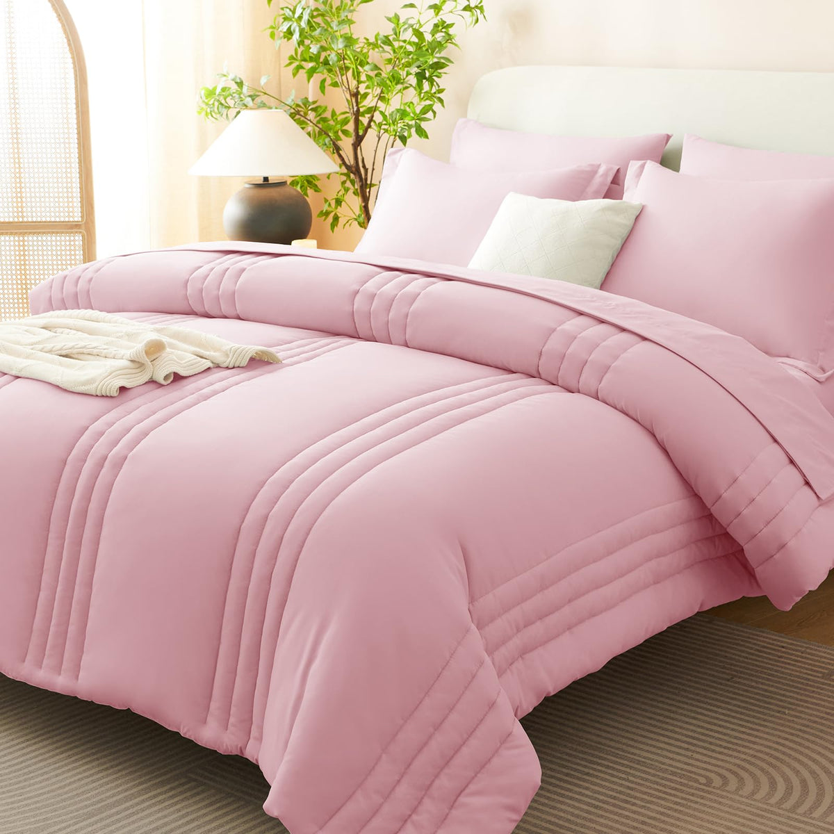 CozyLux Queen Comforter Set Beige - 7 Pieces Vertical Quilted Bed in a Bag