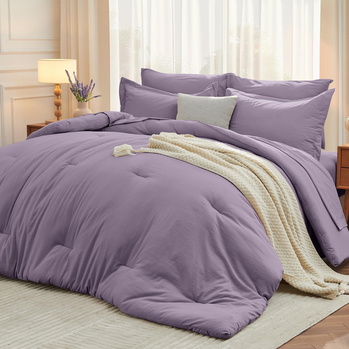 MUXHOMO 7 Pieces Queen Comforter Set, Soft Bed in a Bag Queen Size, All Season Bedding Set with Comforter, Flat Sheet, Fitted Sheet, Pillowcases & Shams, Beige