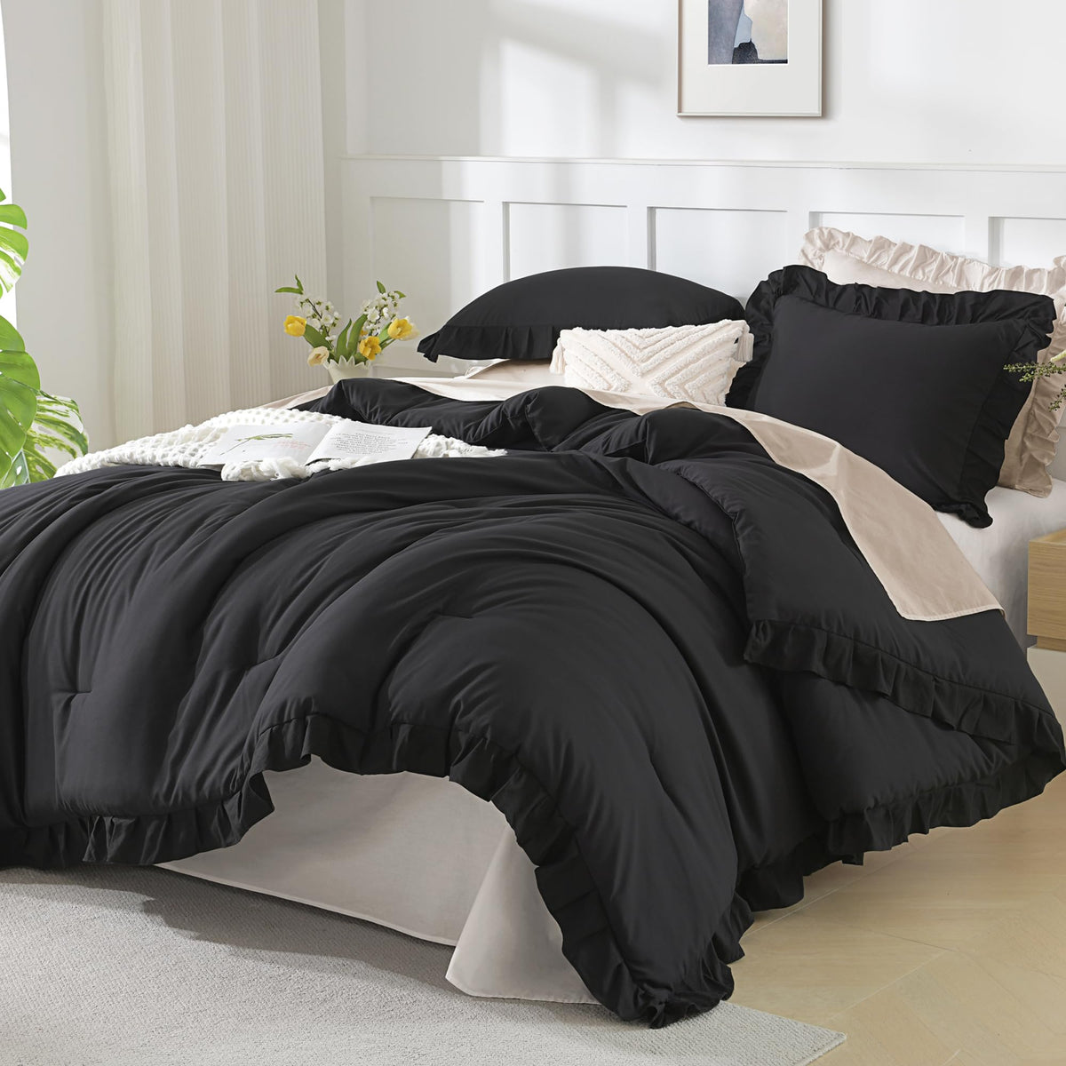 Andency White Comforter Set Queen Size, 3 Pieces Ruffle Farmhouse Bed Set