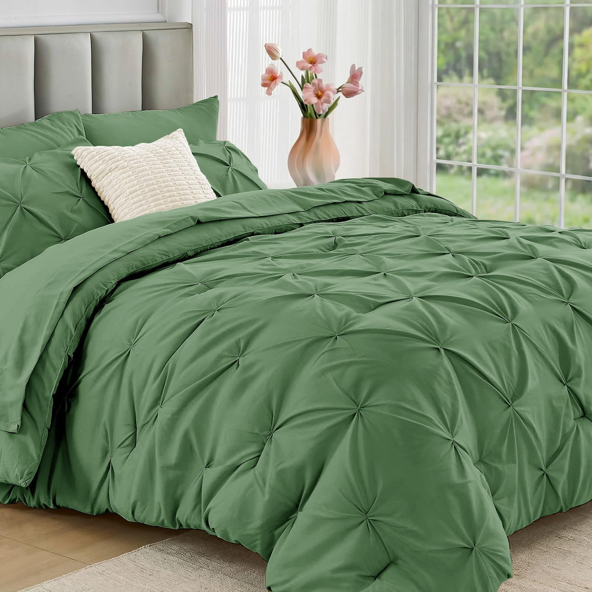 JOLLYVOGUE Queen Comforter Set 7 Pieces - Bed in a Bag Queen for All Season, Pintuck Bedding Comforter Sets with Comforter, Flat Sheet, Fitted Sheet and Pillowcases & Shams, Pink