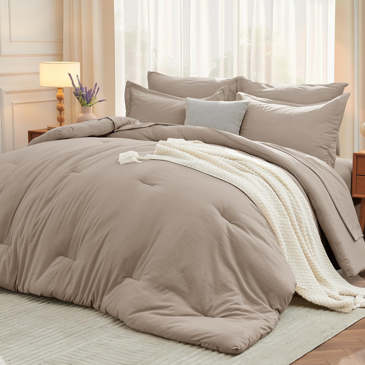 MUXHOMO 7 Pieces California King Comforter Set, Soft Bed in a Bag Cal King Size, All Season Bedding Set with Comforter, Flat Sheet, Fitted Sheet, Pillowcases & Shams, Beige