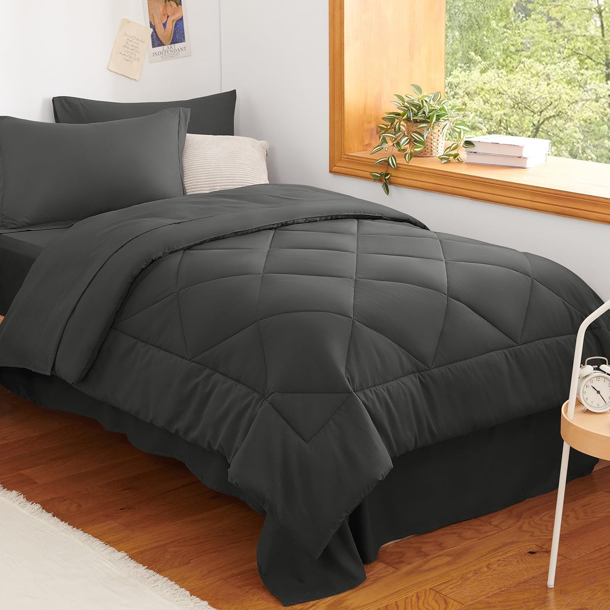 CozyLux Queen Comforter Set 88"x88" Dark Grey - 7 Piece Bed in a Bag