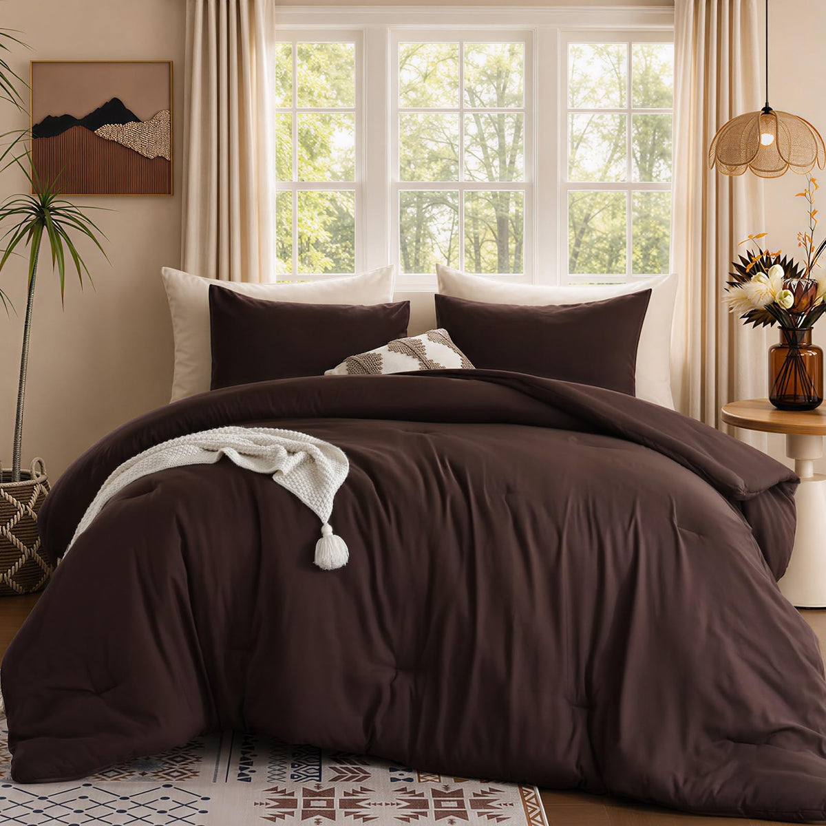 ROSGONIA Queen Comforter Set Olive Green, 3pcs Bedding Sets Queen (1 Boho Olive Comforter & 2 Pillowcases), All Season Lightweight Blanket Quilt