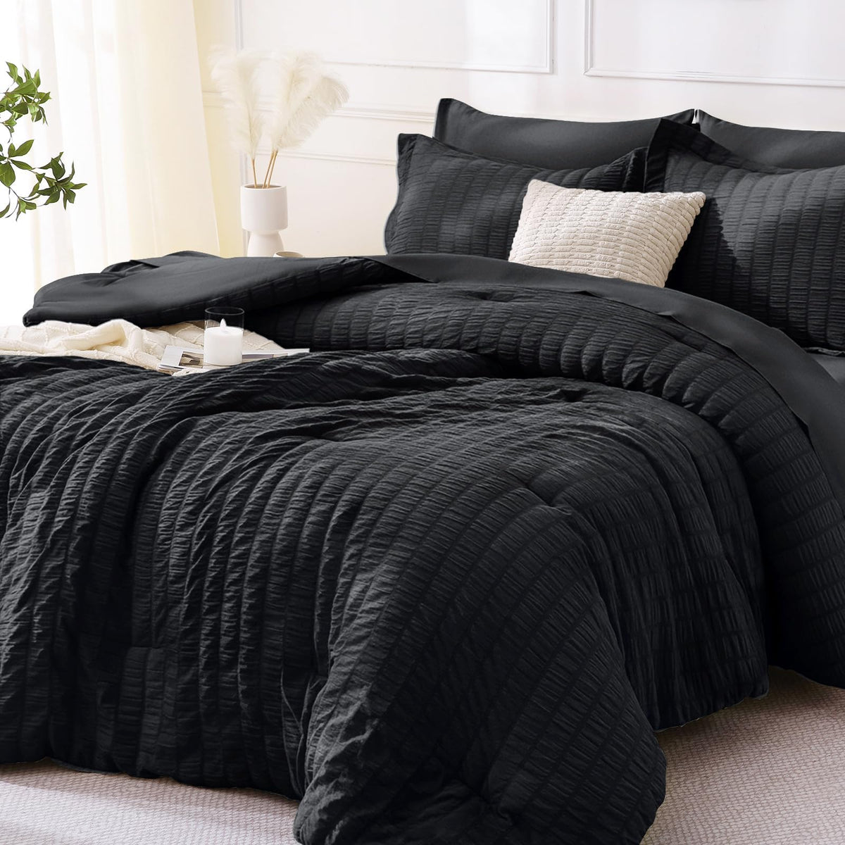 MUXHOMO 7 Pieces Queen Comforter Set, Seersucker Bed in a Bag Queen Size, All Season Luxury Bedding Set with Comforter, Flat Sheet, Fitted Sheet, Pillowcases & Shams, Beige
