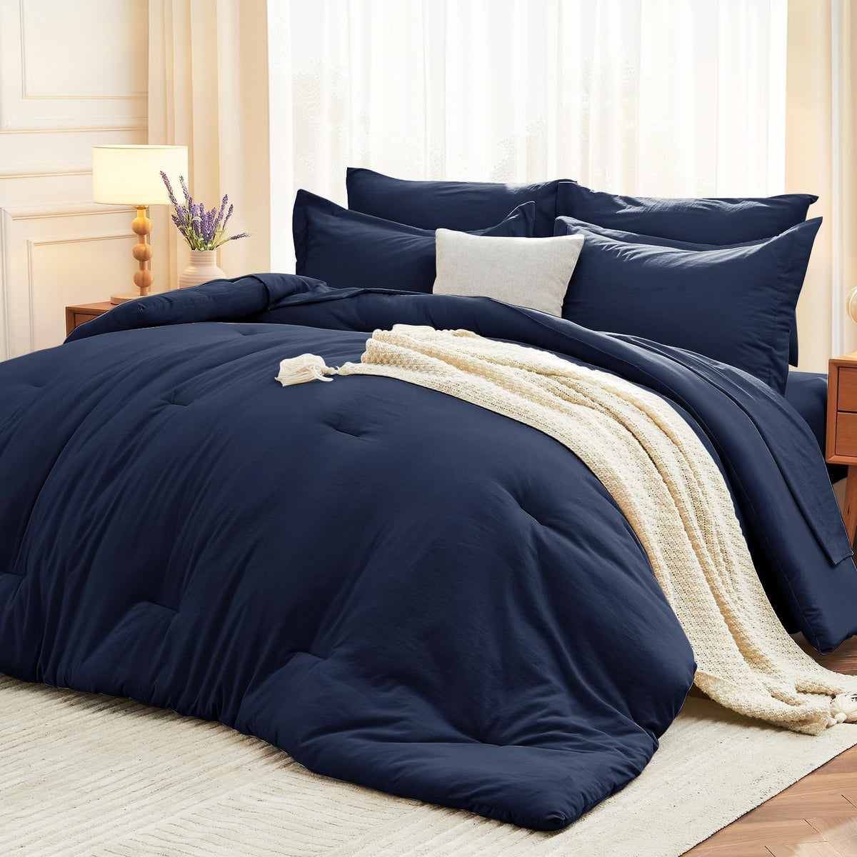 MUXHOMO 7 Pieces California King Comforter Set, Soft Bed in a Bag Cal King Size, All Season Bedding Set with Comforter, Flat Sheet, Fitted Sheet, Pillowcases & Shams, Beige