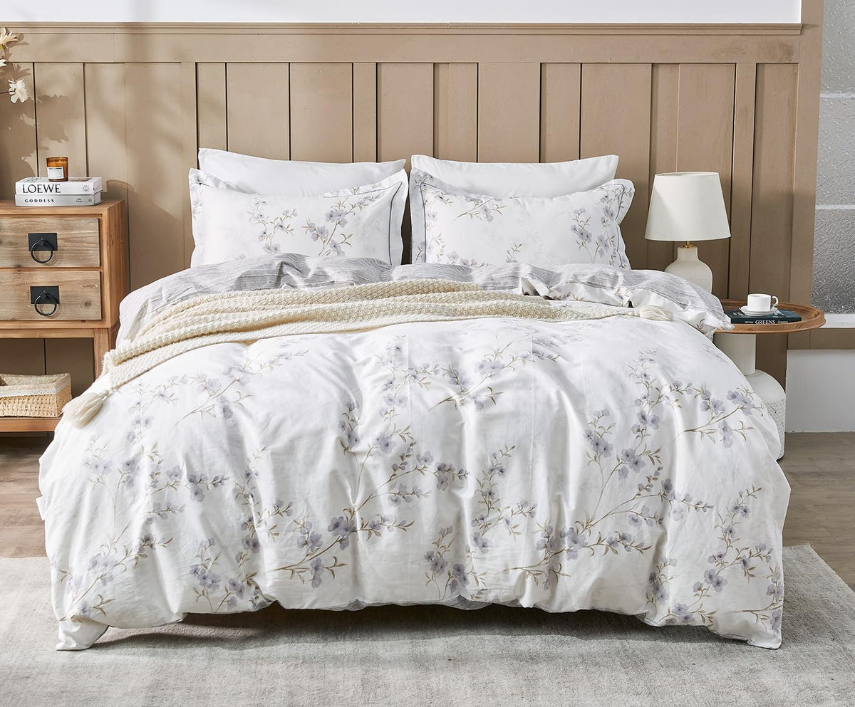 SLEEPBELLA Comforter Queen Size, 600 Thread Count Cotton Brown Branches and Blue Flowers Off-White Comforter Sets, Down Alternative Bedding Set 3Pcs(Queen, Off-White Botanical)