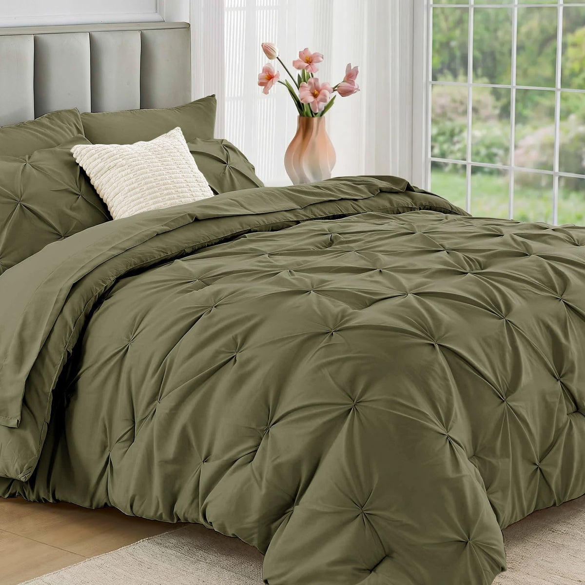 JOLLYVOGUE Queen Comforter Set 7 Pieces - Bed in a Bag Queen for All Season, Pintuck Bedding Comforter Sets with Comforter, Flat Sheet, Fitted Sheet and Pillowcases & Shams, Pink