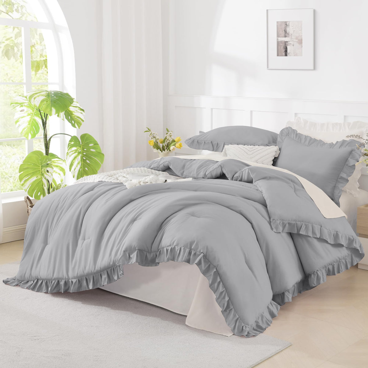 Andency White Comforter Set Queen Size, 3 Pieces Ruffle Farmhouse Bed Set