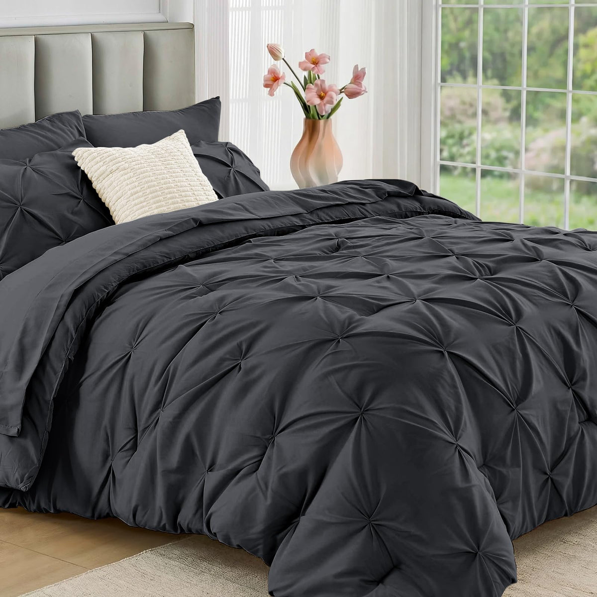 JOLLYVOGUE Queen Comforter Set 7 Pieces - Bed in a Bag Queen for All Season, Pintuck Bedding Comforter Sets with Comforter, Flat Sheet, Fitted Sheet and Pillowcases & Shams, Pink