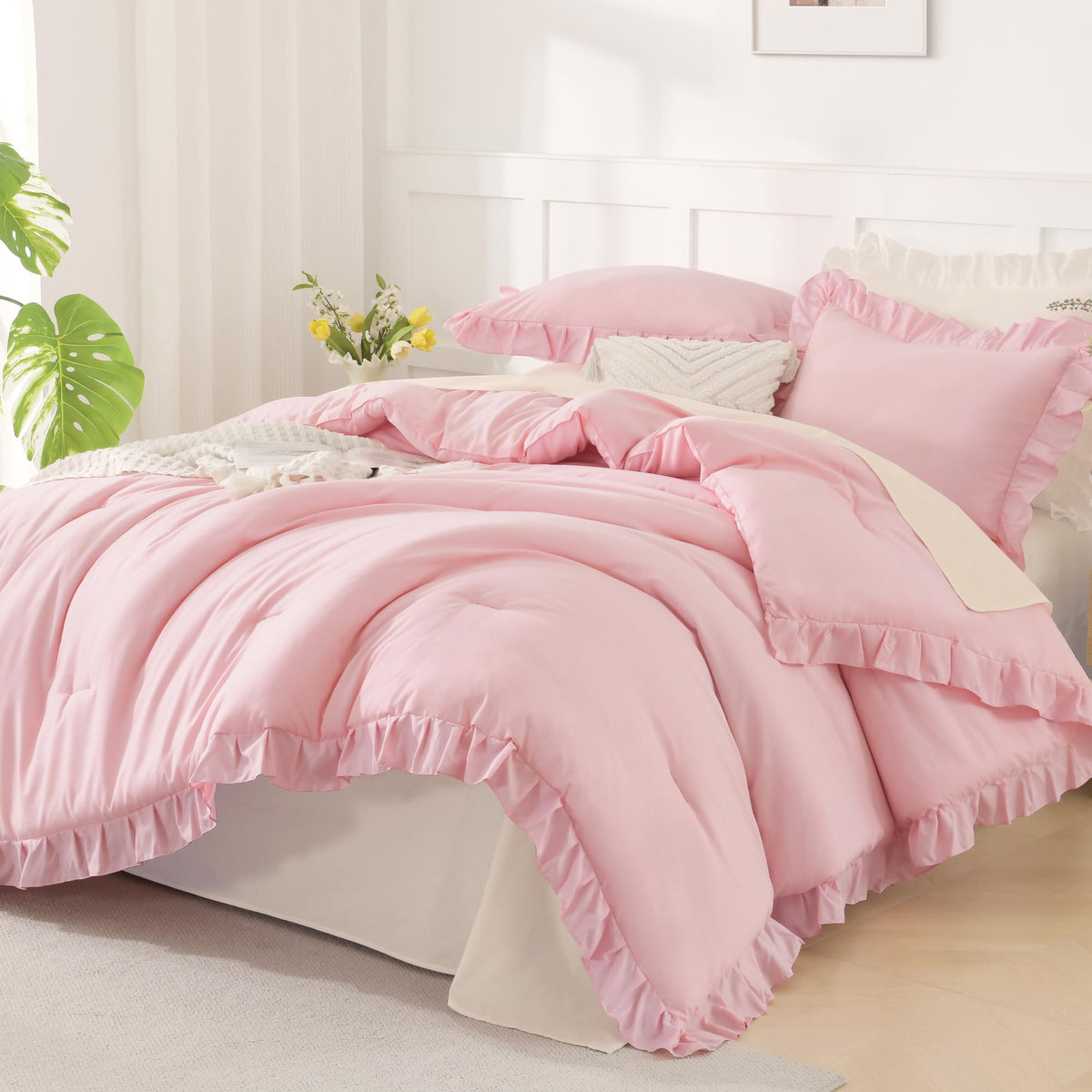 Andency White Comforter Set Queen Size, 3 Pieces Ruffle Farmhouse Bed Set