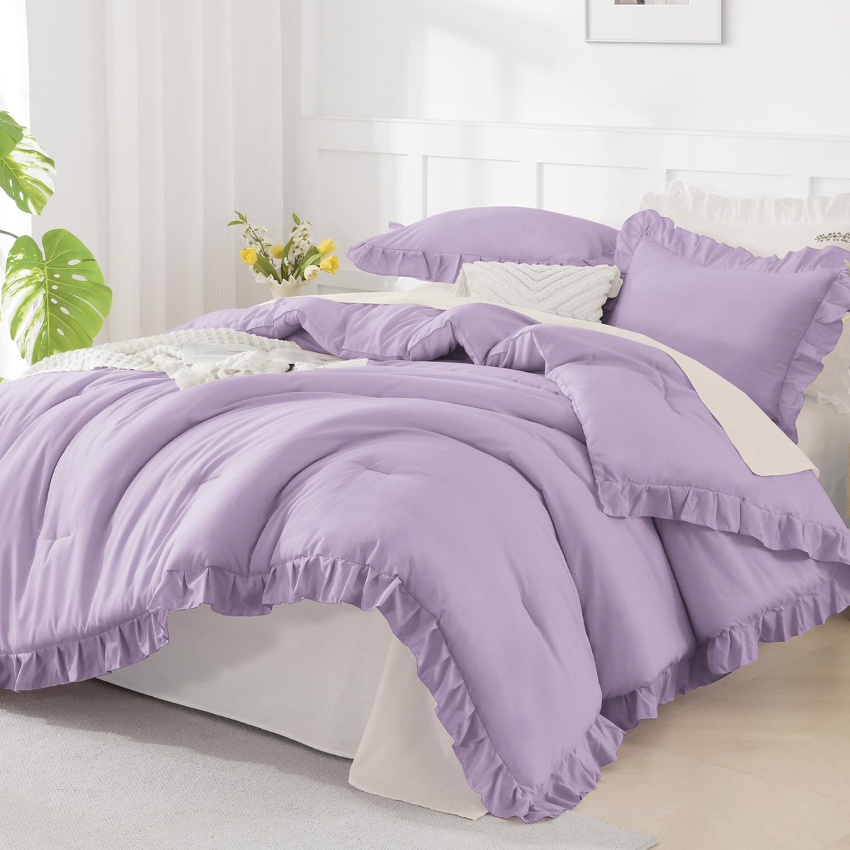 Andency White Comforter Set Queen Size, 3 Pieces Ruffle Farmhouse Bed Set