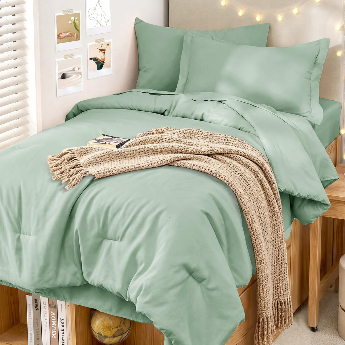 MUXHOMO 7 Pieces California King Comforter Set, Soft Bed in a Bag Cal King Size, All Season Bedding Set with Comforter, Flat Sheet, Fitted Sheet, Pillowcases & Shams, Beige