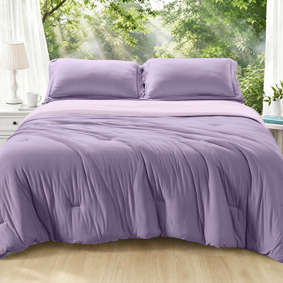 MUXHOMO Queen Size Comforter Set Beige, 3 Piece Solid Bedding for All Seasons, Warm Down Alternative Bed Set Includes 1 Lightweight Comforter (90"x90") and 2 Pillowshams (20"x26")