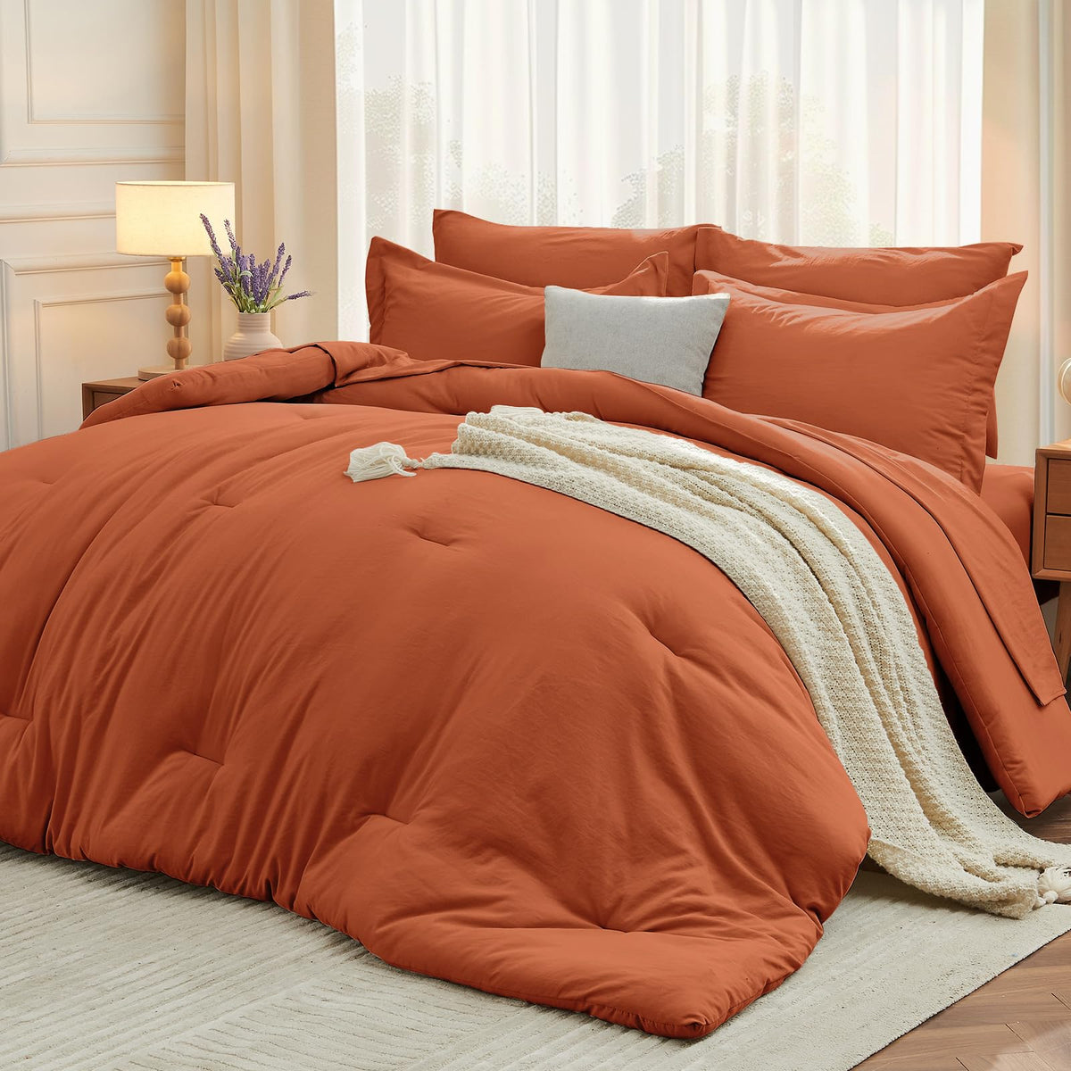 MUXHOMO 7 Pieces California King Comforter Set, Soft Bed in a Bag Cal King Size, All Season Bedding Set with Comforter, Flat Sheet, Fitted Sheet, Pillowcases & Shams, Beige