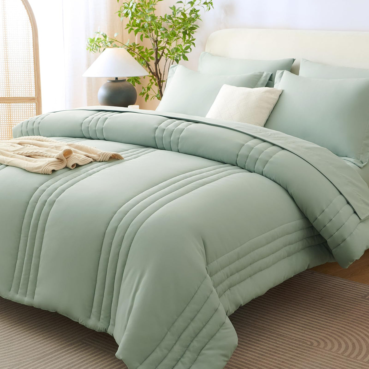 CozyLux Queen Comforter Set Beige - 7 Pieces Vertical Quilted Bed in a Bag