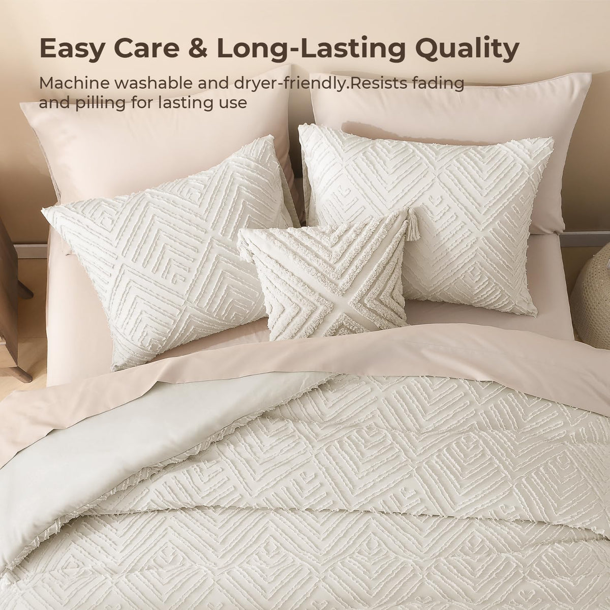 Litanika California King Comforter Set, 3 Pcs Beige Tufted Boho Bedding Set