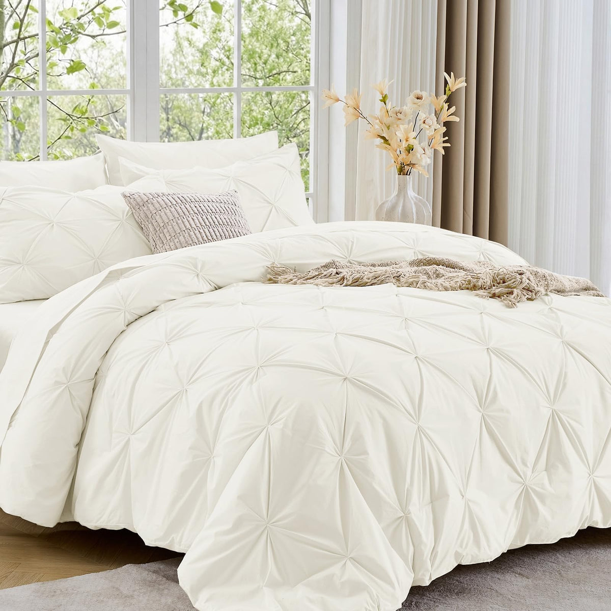 Sasttie Queen Comforter Set, 7-Piece Bed in a Bag, Pintuck Bedding Sets for All Season, Includes Comforter, Flat Sheet, Fitted Sheet, Pillowcases and Pillowshams, Beige