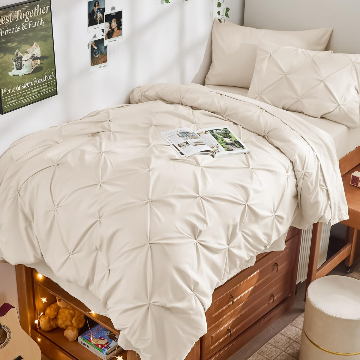 JOLLYVOGUE Queen Comforter Set 7 Pieces - Bed in a Bag Queen for All Season, Pintuck Bedding Comforter Sets with Comforter, Flat Sheet, Fitted Sheet and Pillowcases & Shams, Pink