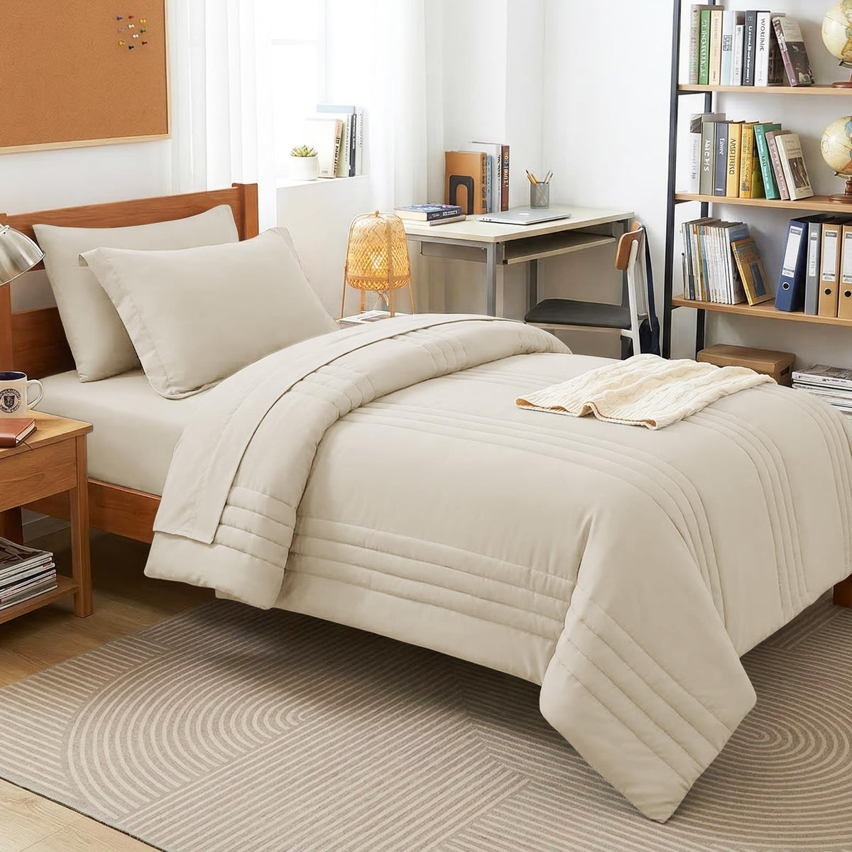 CozyLux Queen Comforter Set Beige - 7 Pieces Vertical Quilted Bed in a Bag