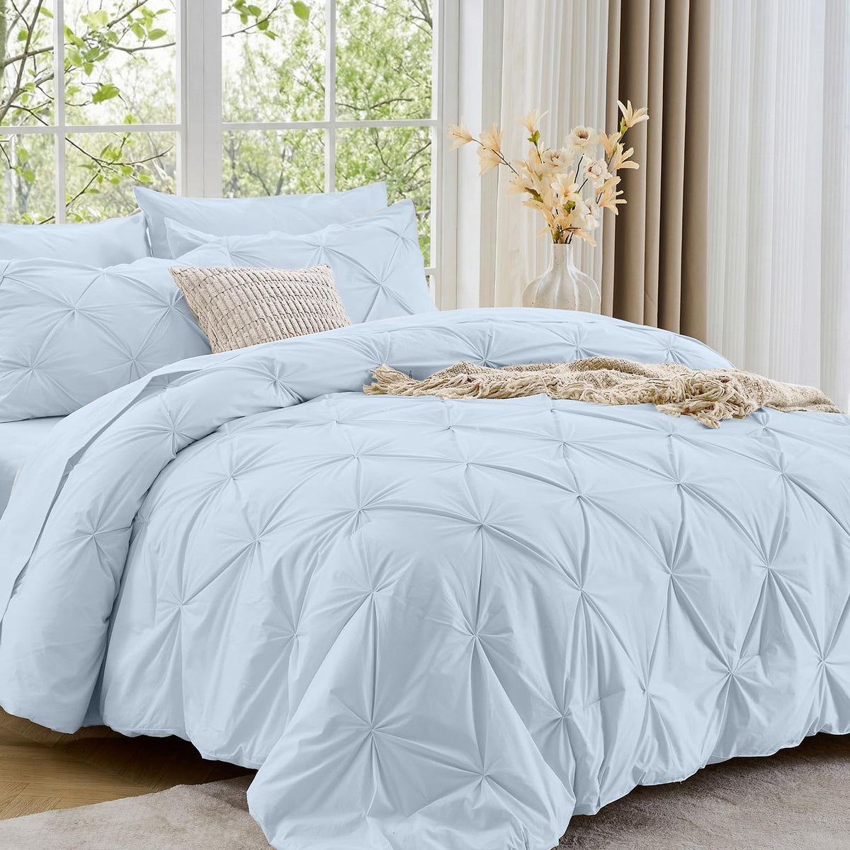 Sasttie Queen Comforter Set, 7-Piece Bed in a Bag, Pintuck Bedding Sets for All Season, Includes Comforter, Flat Sheet, Fitted Sheet, Pillowcases and Pillowshams, Beige