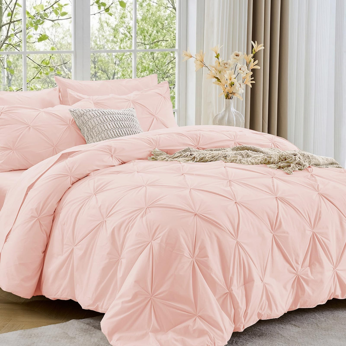 Sasttie Queen Comforter Set, 7-Piece Bed in a Bag, Pintuck Bedding Sets for All Season, Includes Comforter, Flat Sheet, Fitted Sheet, Pillowcases and Pillowshams, Beige