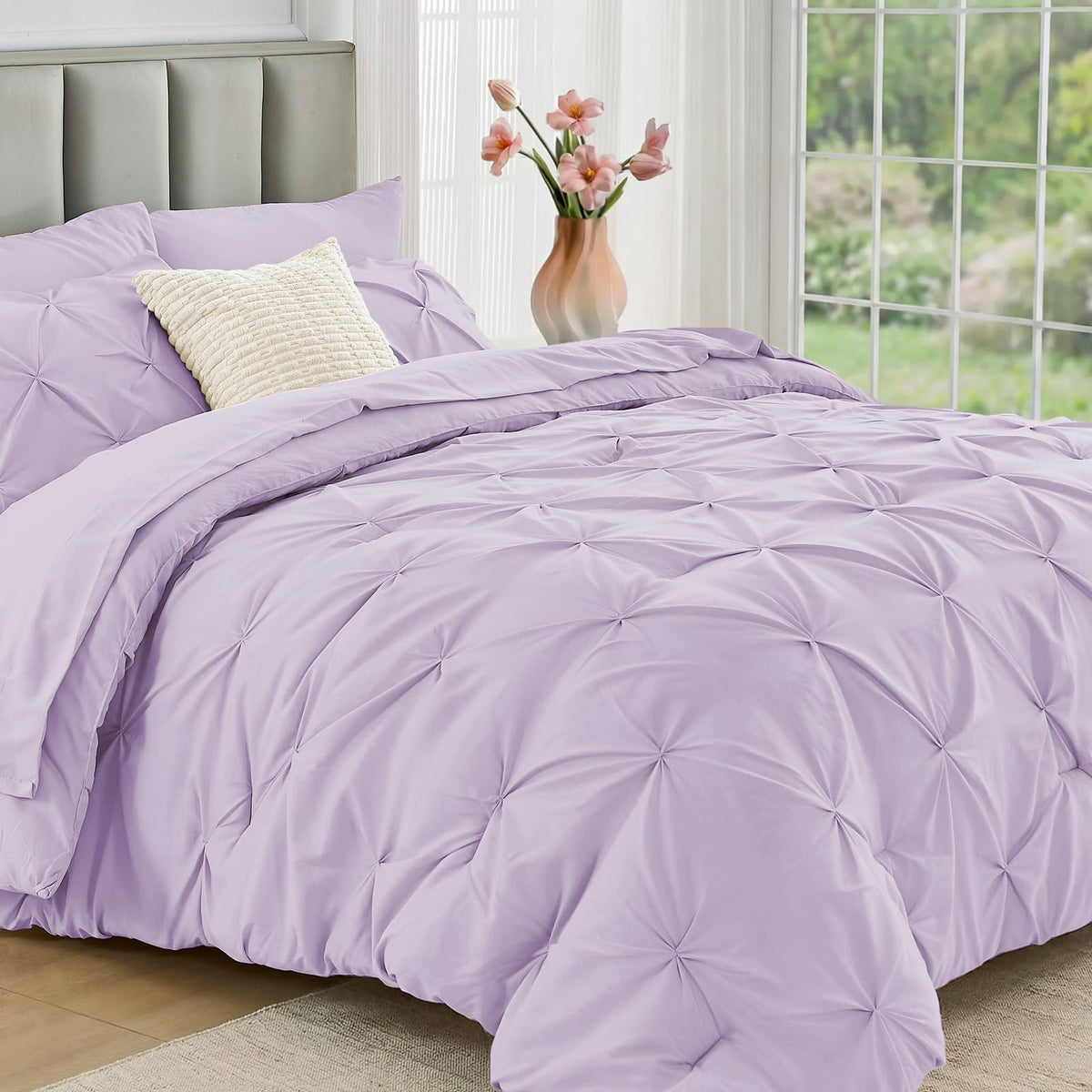 JOLLYVOGUE Queen Comforter Set 7 Pieces - Bed in a Bag Queen for All Season, Pintuck Bedding Comforter Sets with Comforter, Flat Sheet, Fitted Sheet and Pillowcases & Shams, Pink