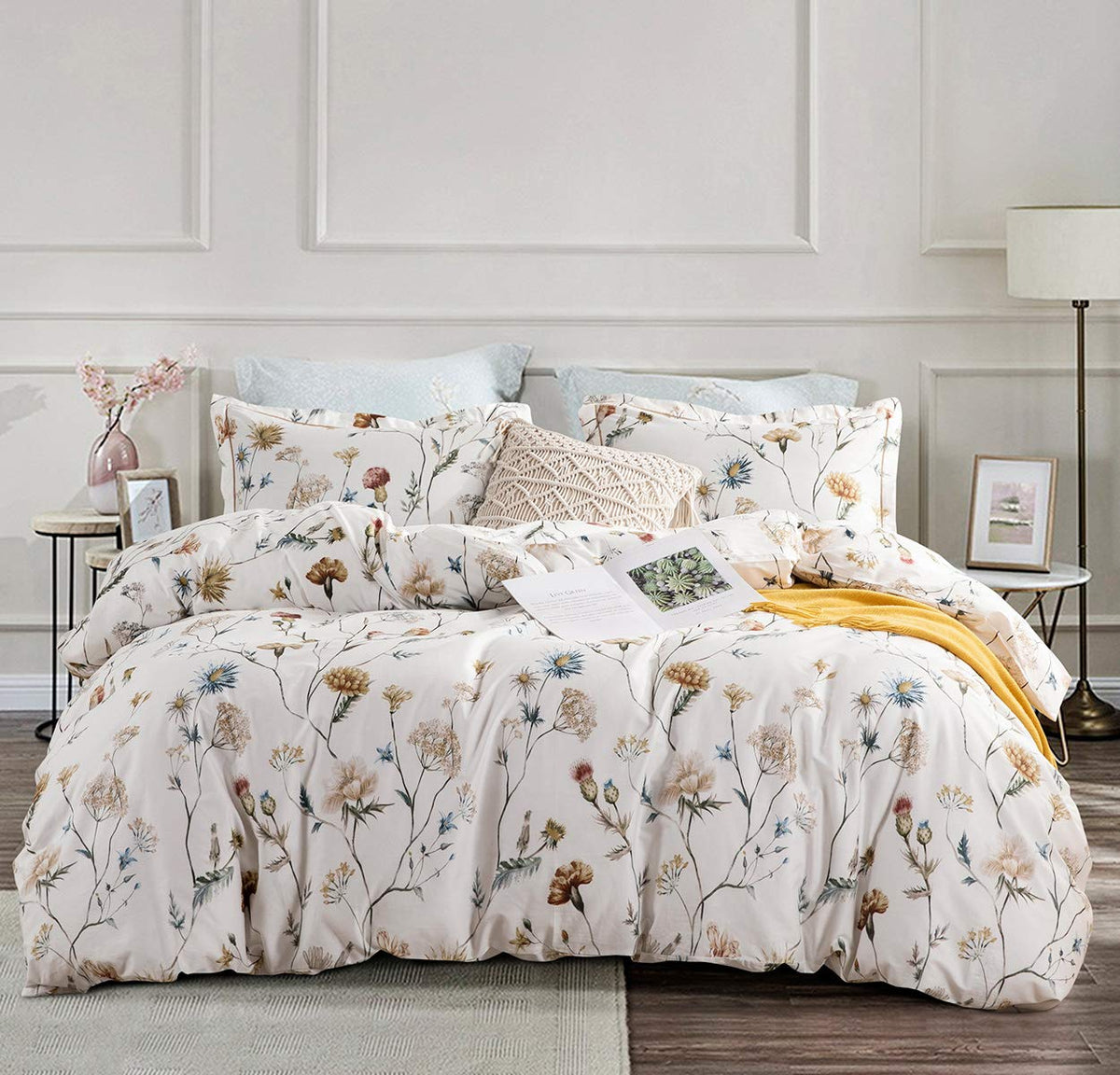 SLEEPBELLA Comforter Queen Size, 600 Thread Count Cotton Brown Branches and Blue Flowers Off-White Comforter Sets, Down Alternative Bedding Set 3Pcs(Queen, Off-White Botanical)