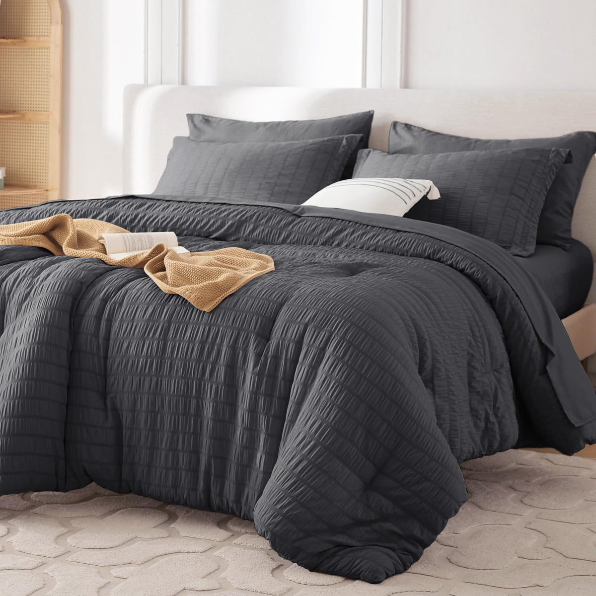 MUXHOMO 7 Pieces Queen Comforter Set, Seersucker Bed in a Bag Queen Size, All Season Luxury Bedding Set with Comforter, Flat Sheet, Fitted Sheet, Pillowcases & Shams, Beige
