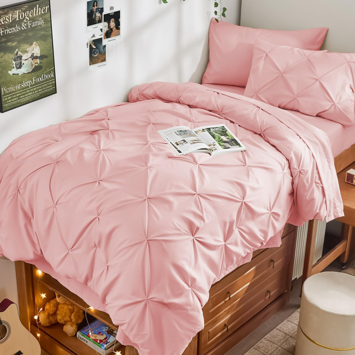 JOLLYVOGUE Queen Comforter Set 7 Pieces - Bed in a Bag Queen for All Season, Pintuck Bedding Comforter Sets with Comforter, Flat Sheet, Fitted Sheet and Pillowcases & Shams, Pink
