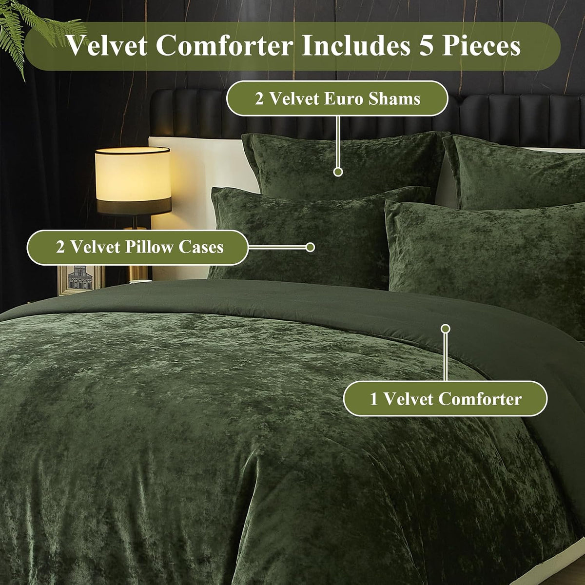 Ivellow Crushed Velvet Comforter Queen Size Green 5 Pcs Luxury Bedding Set